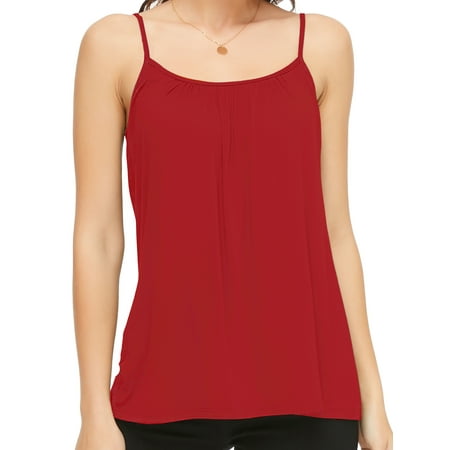 

QRIC Women s Basic Solid Cami with Built-in Shelf Bra Flowy Swing Pleated Camisole With Adjustable Straps (S-4XL)