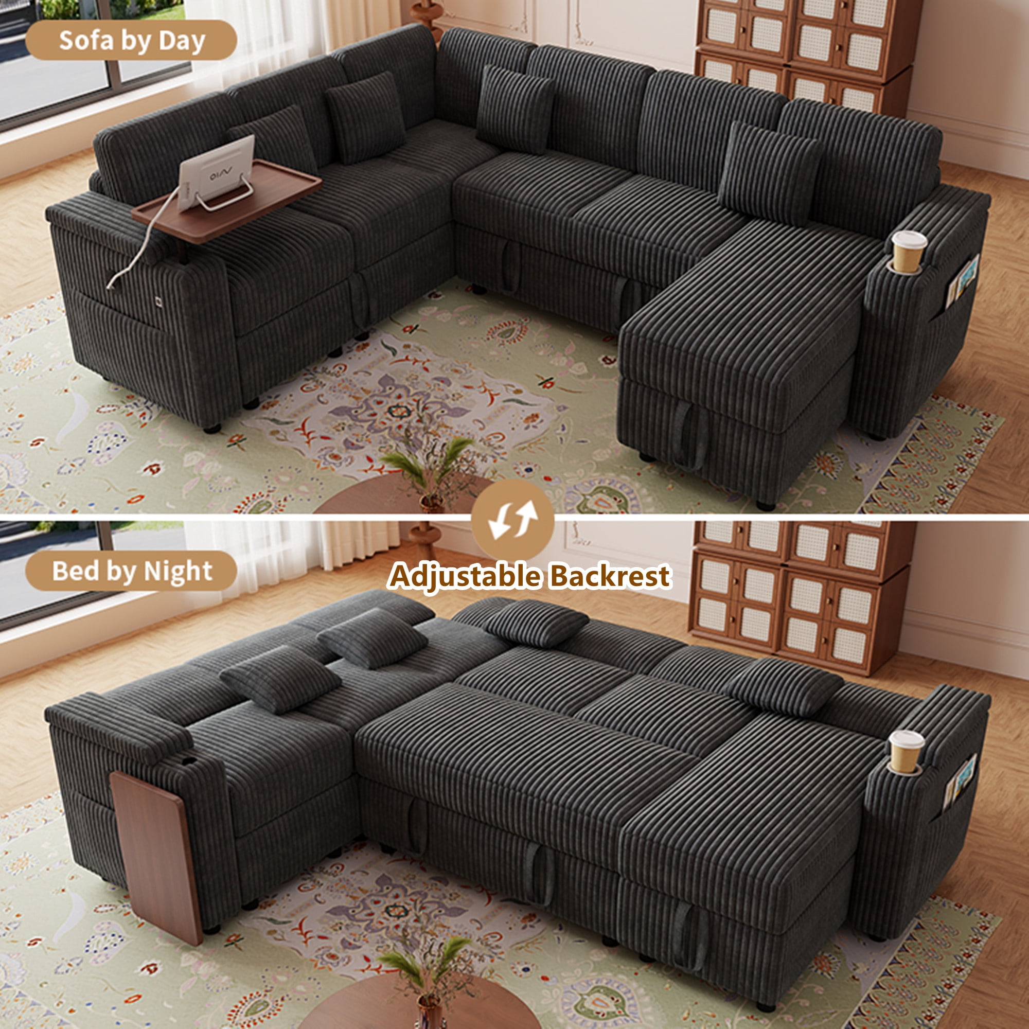 Aukfa 6 Seat L shape Sectional Couch Convertible Sofa Bed with USB &Cupholder Arm Storage Console, Floating Desktop, 4 Pillows, Corduroy, Dark Gray