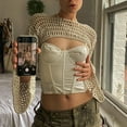 thumbnail image 5 of Women Crochet Knit Crop Top Pullover Sweater Color Block Patchwork Long Sleeve Square Neck Streetwear Fashion Coverup Blouse, 5 of 8