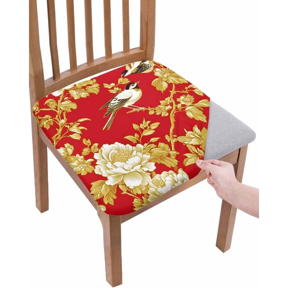 Yellow Red Flowers Chair Seat Covers for Dining Room Stretch Chair Seat Covers Set of 2, Luxury Spring Floral Birds Chair Seat Protector Cushion Slipcovers for Kitchen Restaurant Office