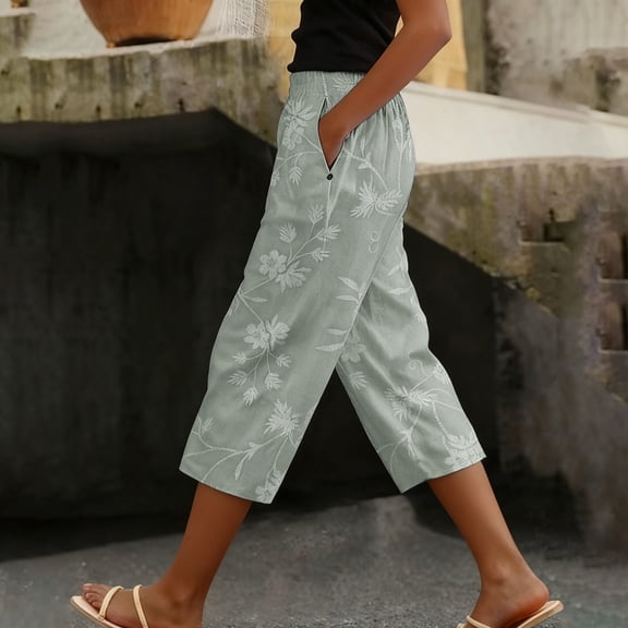 Royisotas Womens Capris with Pockets, Cotton Linen Capri Pants for Women Trendy Floral Print Crop Pants Summer Beach Capris