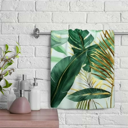 ZFLMY Tropical Plant Green Leaves Gold Foiling Kitchen Towels Save 100% Polyester Soft Bath Towel Absorbent Hand Towels for Kitchens Bathrooms Showers 29.5x13.8 Inches 29.5x13.8in