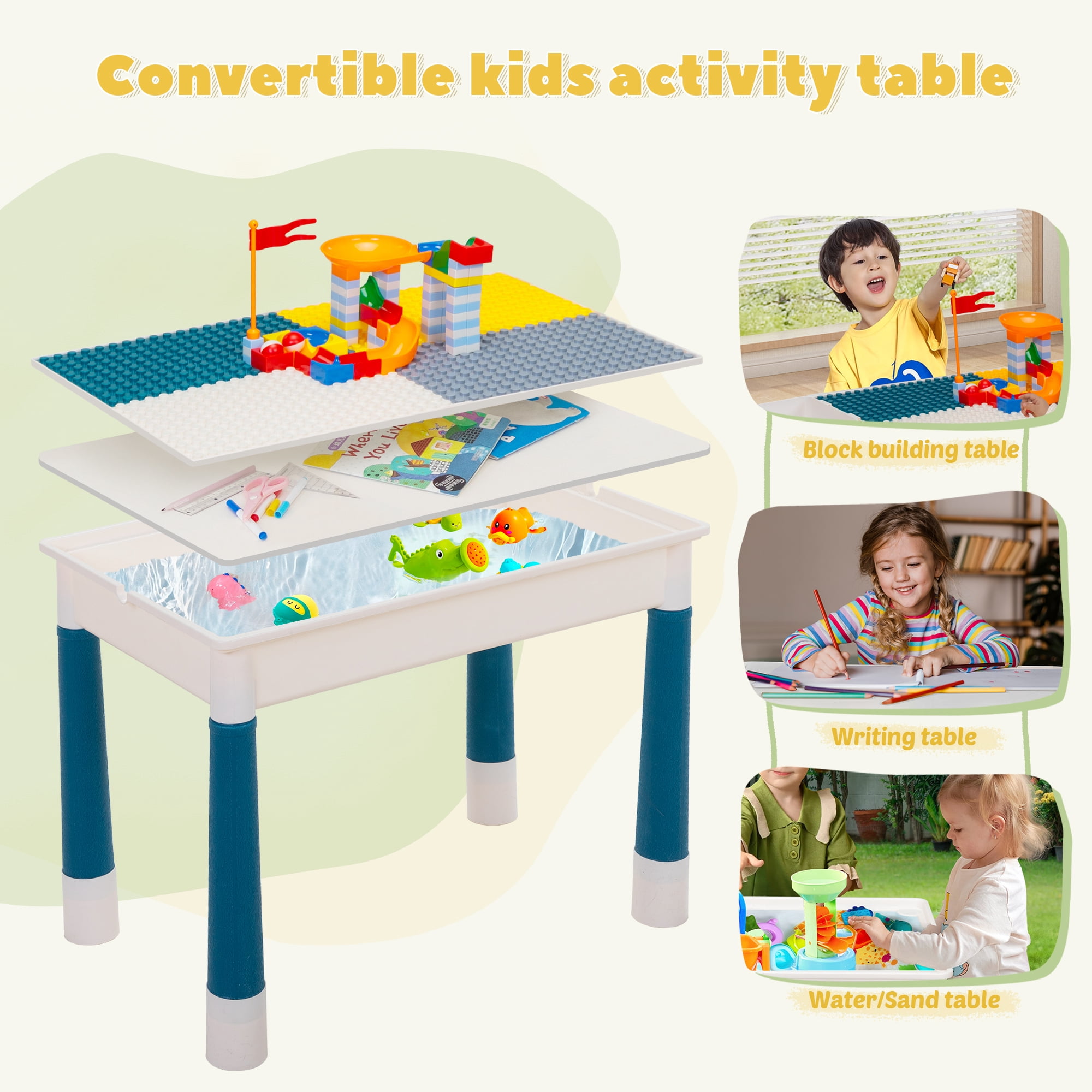 Tobbi Toddler Table and Chairs, Kids Activity Table Set with 2 Chairs, Building Block Table