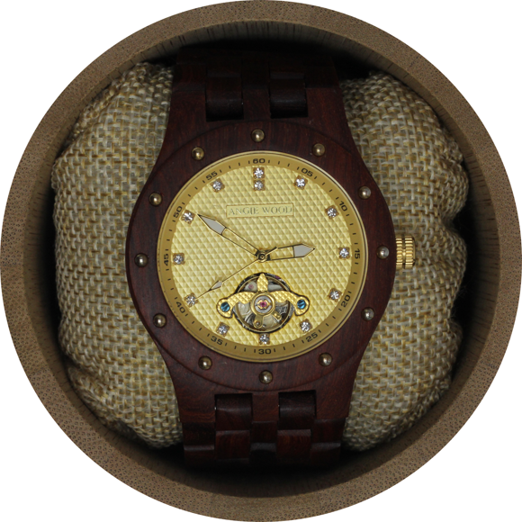 Angie Wood Creations Montre pour Homme à Remontage Automatique en Bois de Rose avec Cadran Doré