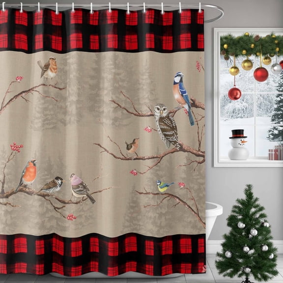 Shower Curtain, Red And Black Patches Waterproof Shower Curtain Set with Hooks for Bathroom Showers,Stalls and Bathtubs,72x72In Retro Boughs Of Cardinal Birds