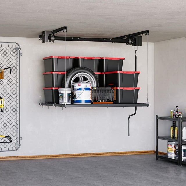 Overhead Garage Storage Rack, Heavy Duty Adjustable 4x4 ft Ceiling Mounted Storage Racks, 350 Lb Capacity Overhead Garage Storage Rack with Manual Safety Lock for Garage Ceiling Storage