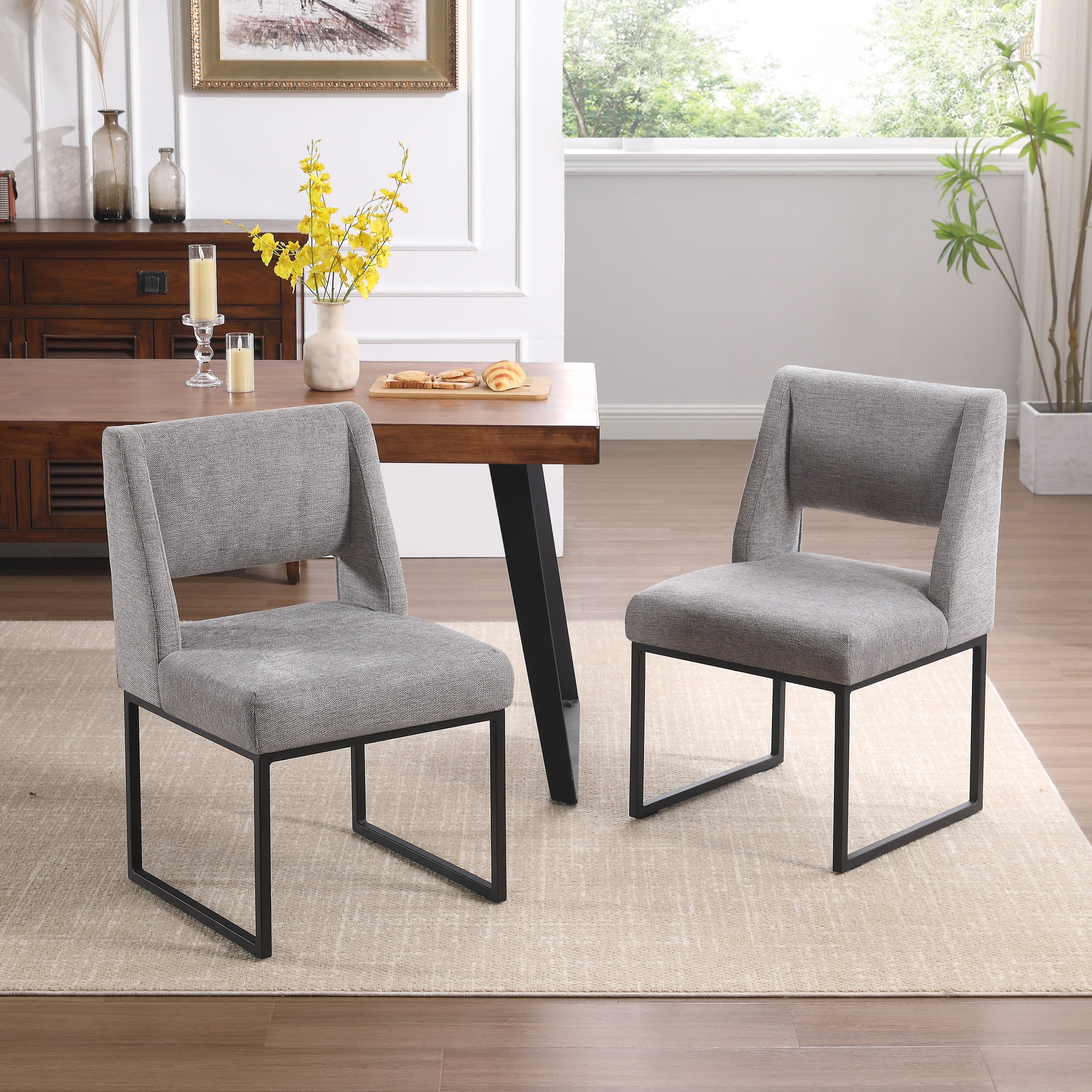 Zesthouse 18.3" Linen Dining Chairs Set of 2, Extra Thick Upholstered Side Chair with High Back and Metal Legs, Modern Armless Kitchen Chairs for Dining Room, Gray