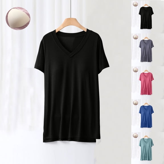 Wlynlyn Built-In Bra T-Shirt for Women Short Sleeve Blouses V-Neck Padded Soft Pajama Tops Casual Workout Shirts