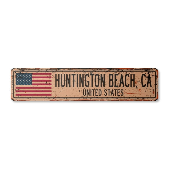HUNTINGTON BEACH CA UNITED STATES Vintage Plastic Street Sign American flag city gift | Indoor/Outdoor | 24" Wide
