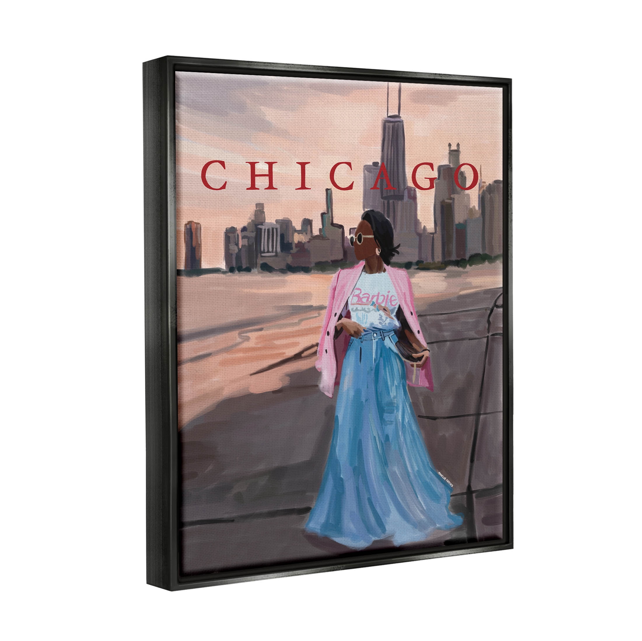 Stupell Industries Fashionable Woman Urban Chicago City Graphic Art Jet Black Floating Framed Canvas Print Wall Art, Design by Amelia Noyes