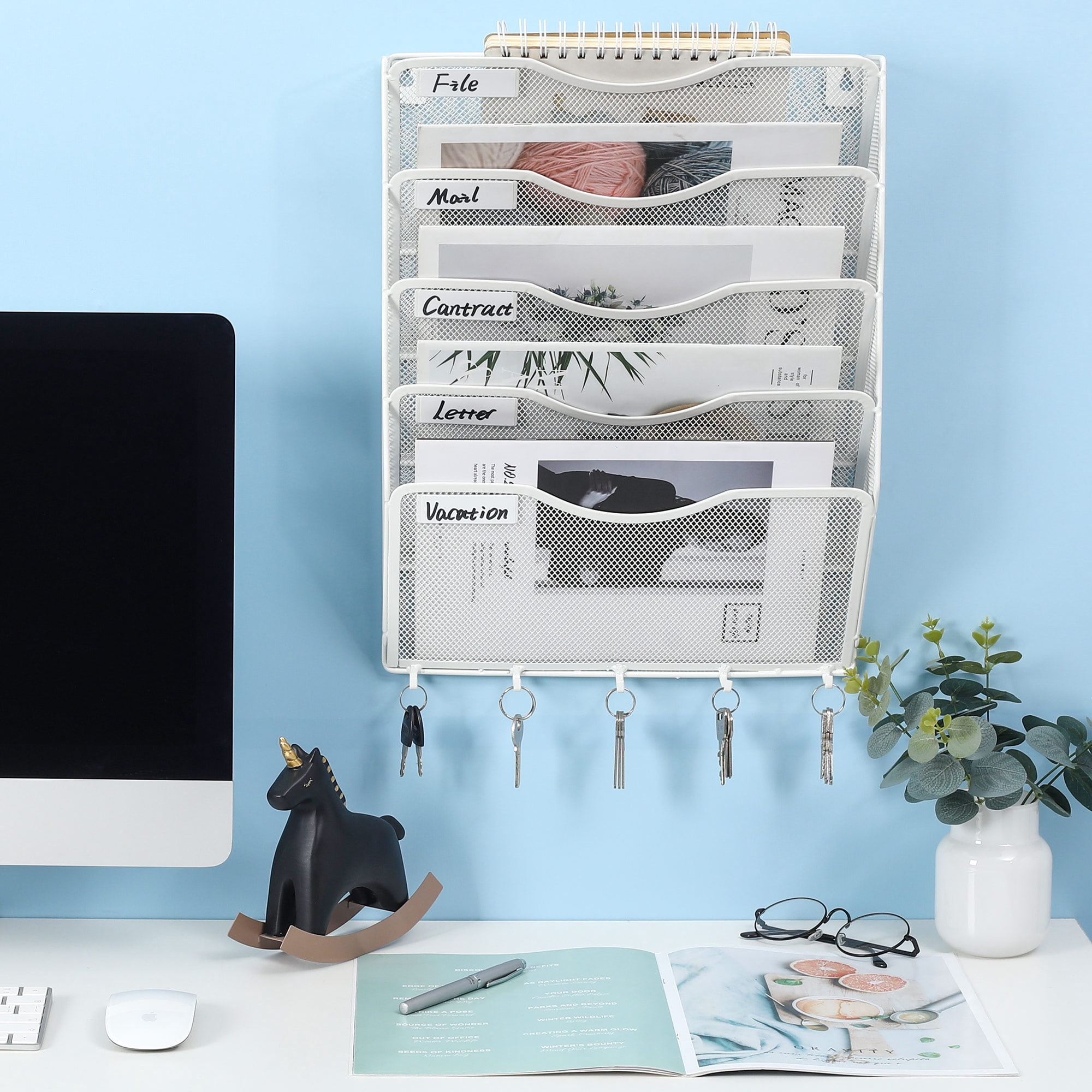 EasyPAG Wall Mount File Organizer with Key Hooks 5 Pocket Vertical Mesh Hanging Wall File Holder Magzine Paper Folders Rack for Office and Home,White