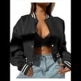 thumbnail image 1 of Chaqueta de Corta con Botones y Larga con Cuello Alto para Mujer, Estilo Motero Informal, para Otoño. Negro L, 1 of 5