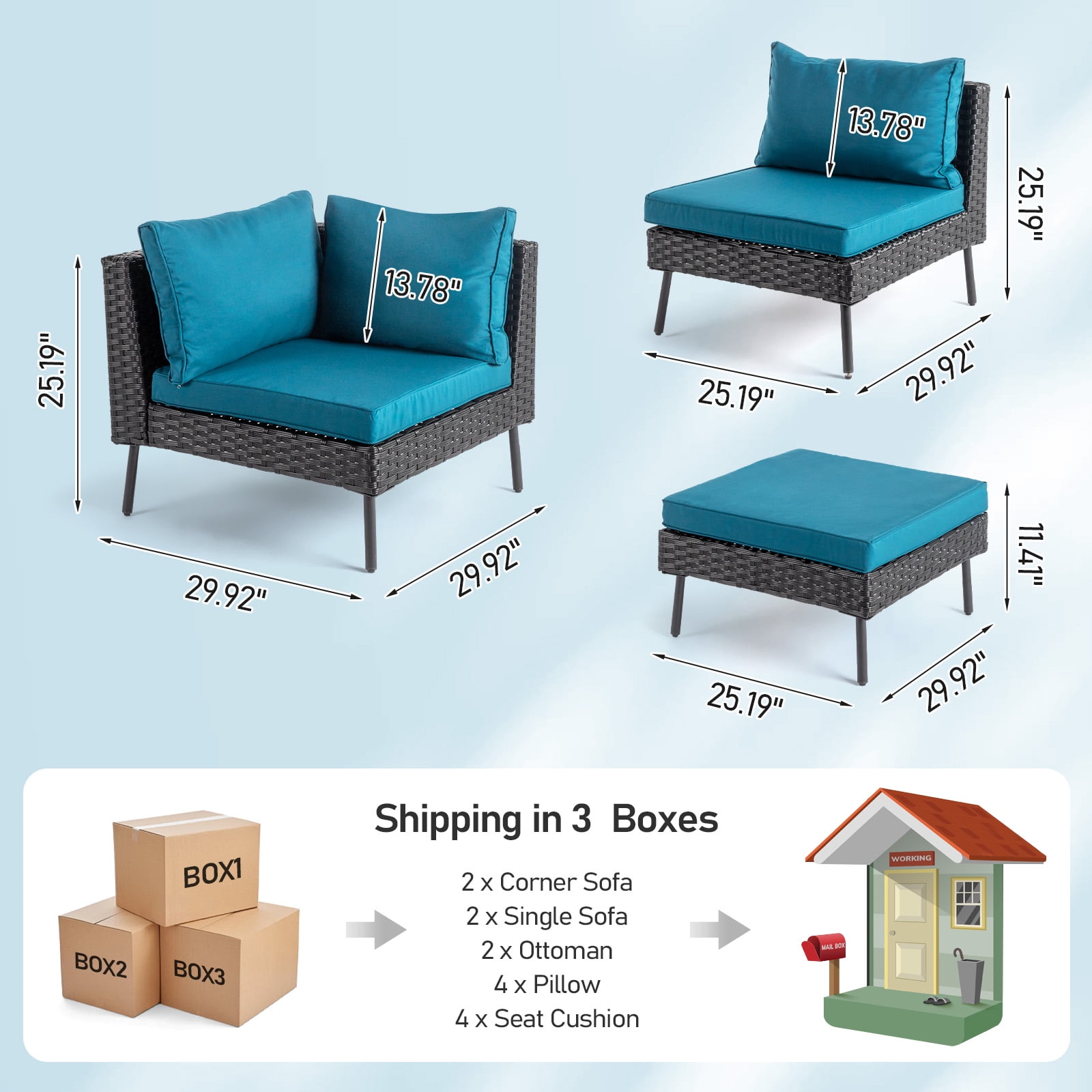 Ktaxon 6 Pieces  Modular Patio Sectional Set, All-Weather Wicker with Removable Cushions & Ottomans, Black Rattan Peacock Green