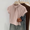 thumbnail image 3 of BUYISI Basic Simple Women Chinese style Button-down T-shirt Fashion Stand-up collar top Pink XL, 3 of 7
