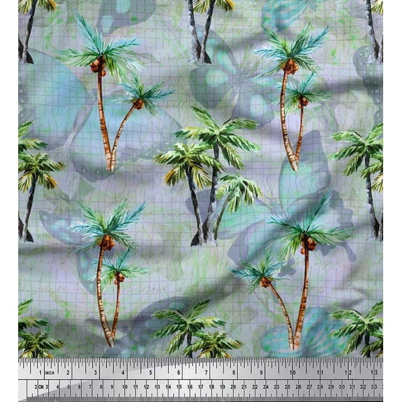 Soimoi Cotton Duck Fabric Check,Text & Coconut Tree Printed Fabric 1 Yard 42 Inch Wide