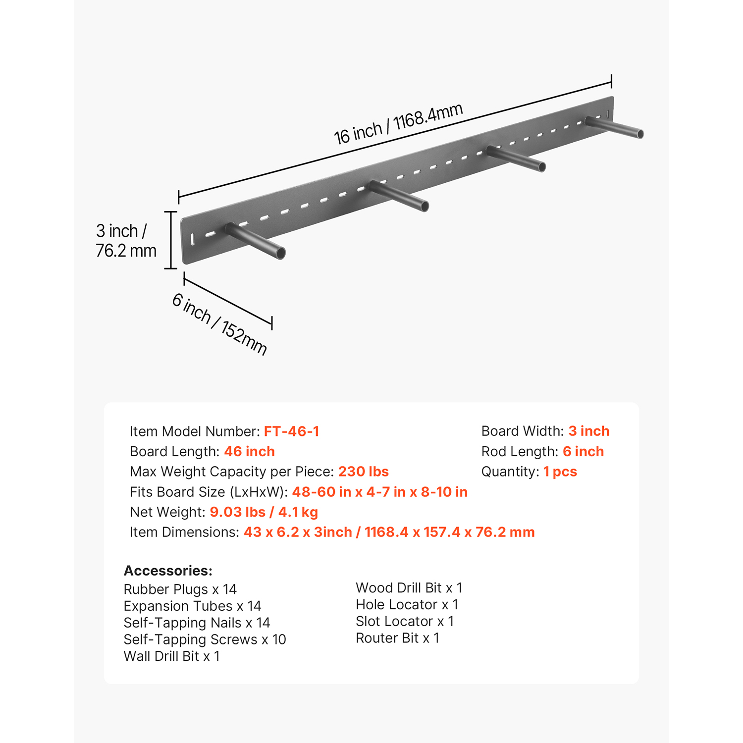 KFFKFF Floating Shelf Bracket 1 Pack, 230 lbs/104 kg Load Capacity, 46x6.2x3 inch / 1168.4x157.4x76.2 mm, Durable Hidden Shelf Support, Wall-Mounted Invisible Shelf Bracket