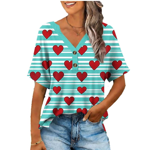 Camisetas de Cuello en V Mujeres de Moda Y Cómodo Botón Casual V-Cuello Camiseta Suelta Y Elástica No Posicionamiento Impresión Mujer Camisetas Casual