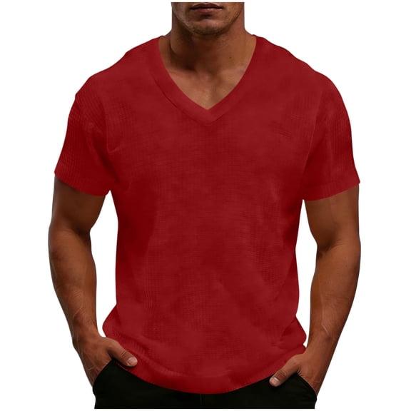 YLSDY Men's Waffle Knit V-Neck T-Shirt Summer Fashion Casual Solid Color Short Sleeve Tee Red M