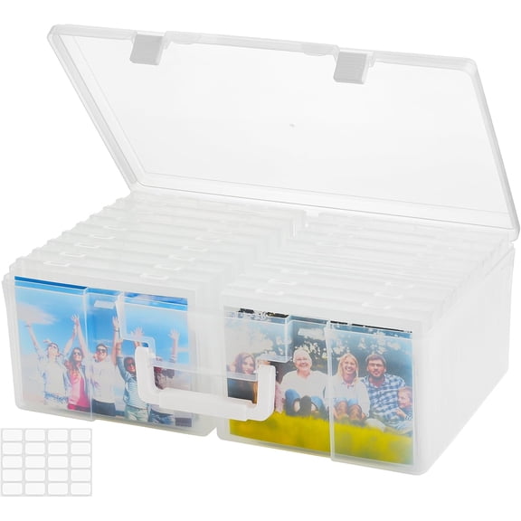 Photo Storage Box 5" x 7" with Handle, 18 Pcs Clear Photo Containers Organizer and Craft Keeper, Portable Picture Case with Label for Arts, Crafts, Sewing, Stickers, Office Supplies