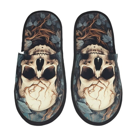 Balery Vintage Leaf Flower Skull Slient Indoor Furry Fleece Comfort House Shoes Soft Non-Slip Home Shoes Cotton slippers House Slippers-- Large