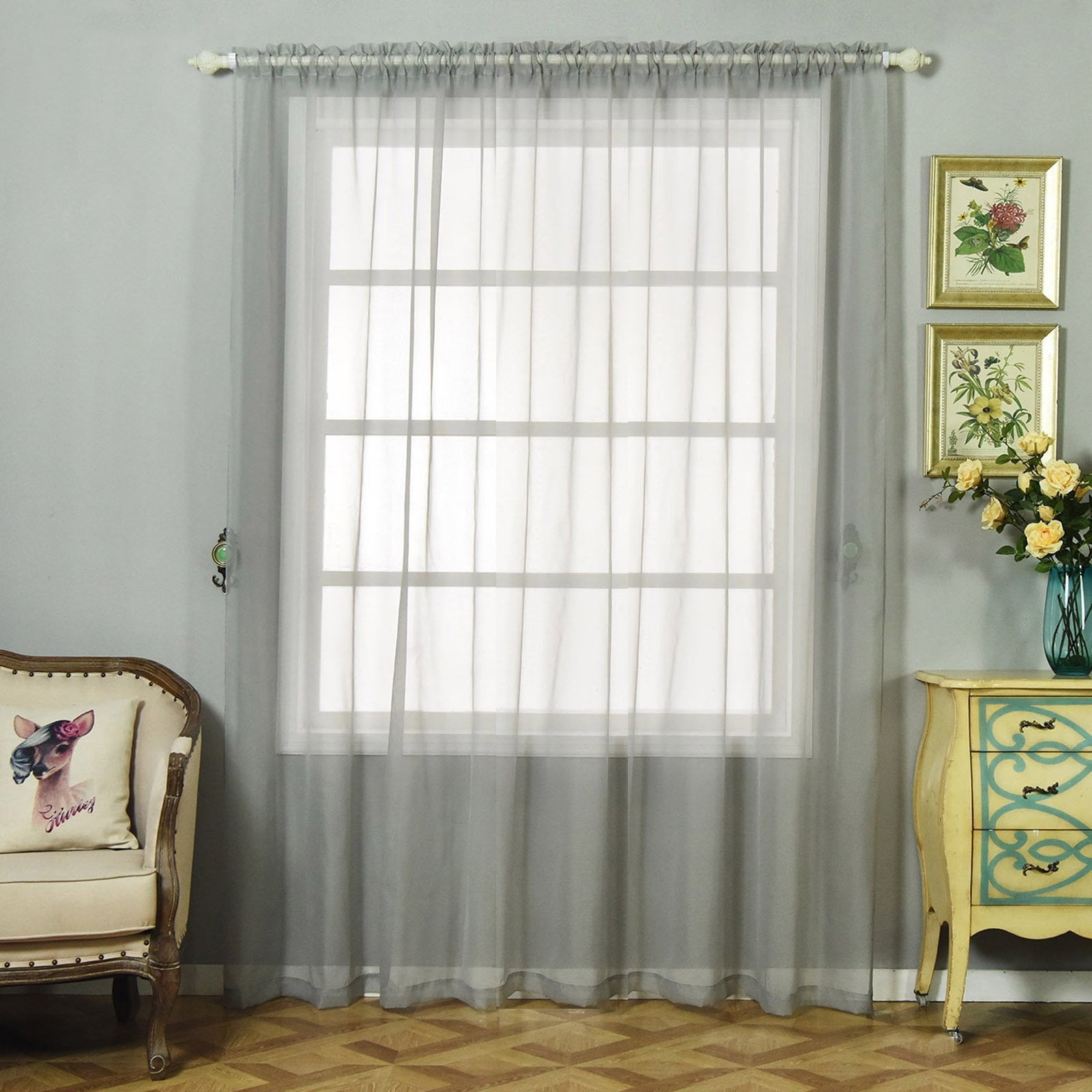 2 Pack 52"x96" Silver Sheer Organza Curtains With Rod Pocket Window