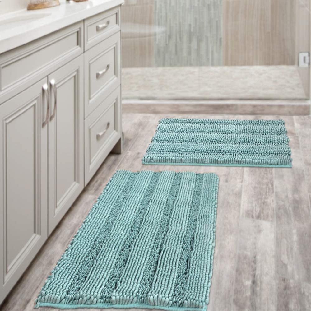 Maynos Super Thick Soft Striped Shaggy Chenille Bath Mats Machine Washable Bath Rugs Set for