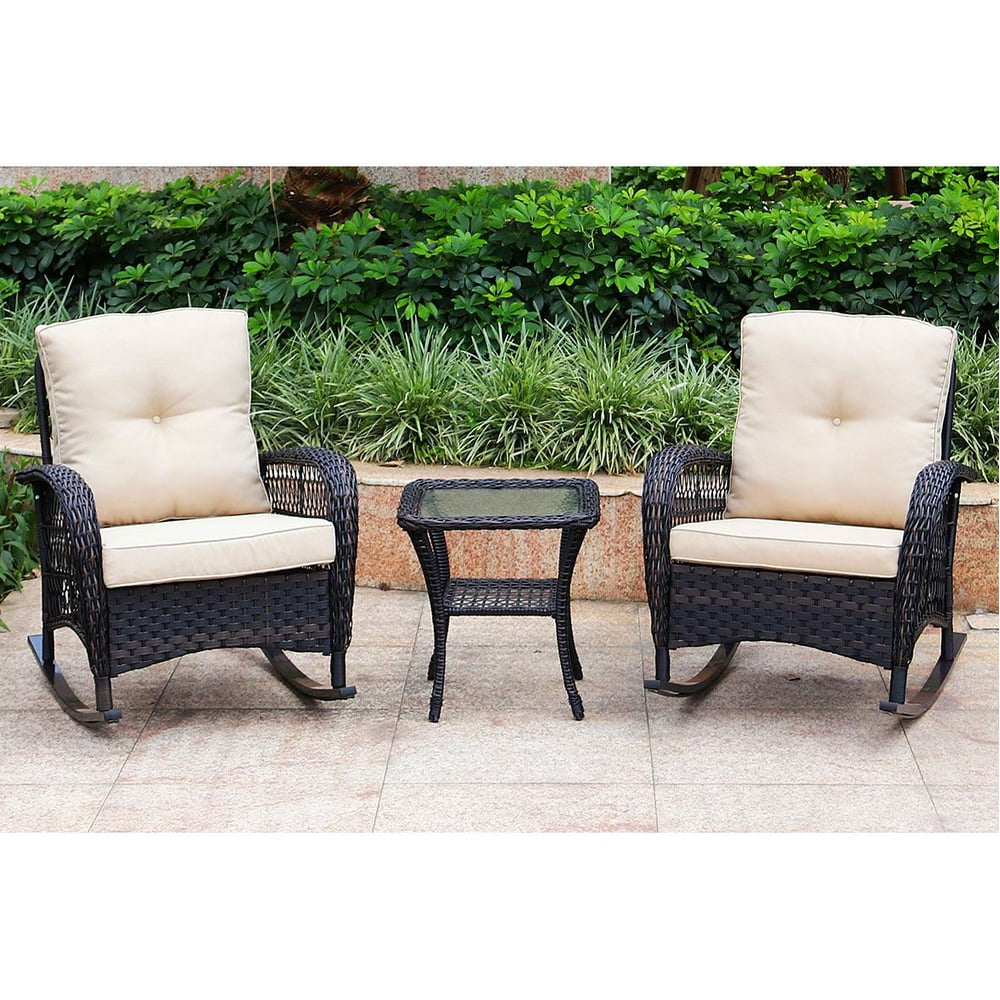 3-Piece Wicker Rocking with Cushions Patio Conversation Set - Dark Brown - Walmart.com - Walmart.com
