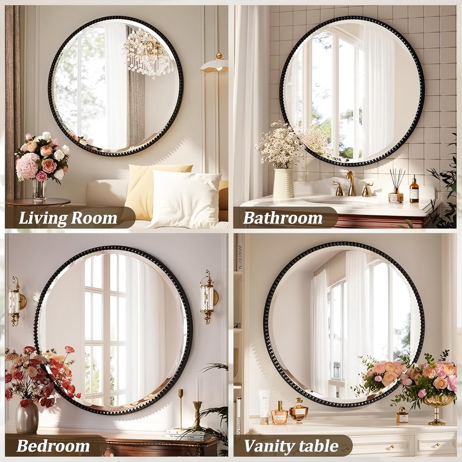 Mirrasia 36" Round Wall Mirror Decoration Hanging Mirror With Beaded Frame,Black