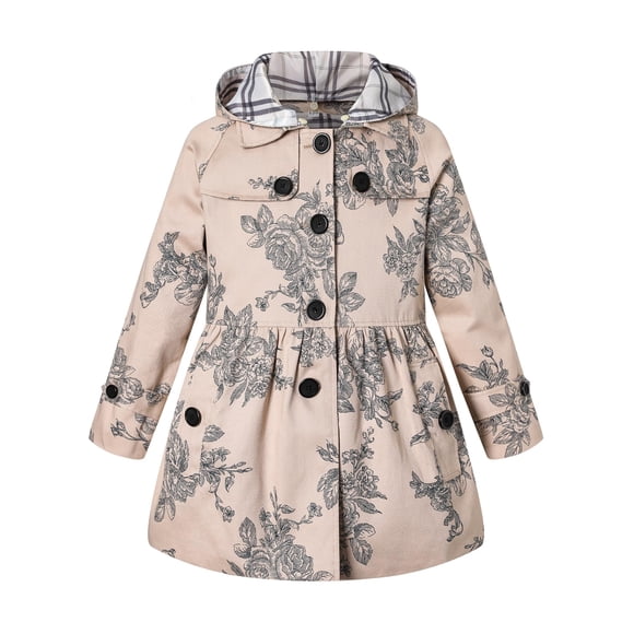 Long Sleeves Vintage Floral Print Chino Cotton Hooded Hoodie Trench Coat Outerwear Windbreaker for Little Girls & Big Girls, A-Flower khaki, 9-10 Years=Tag 150