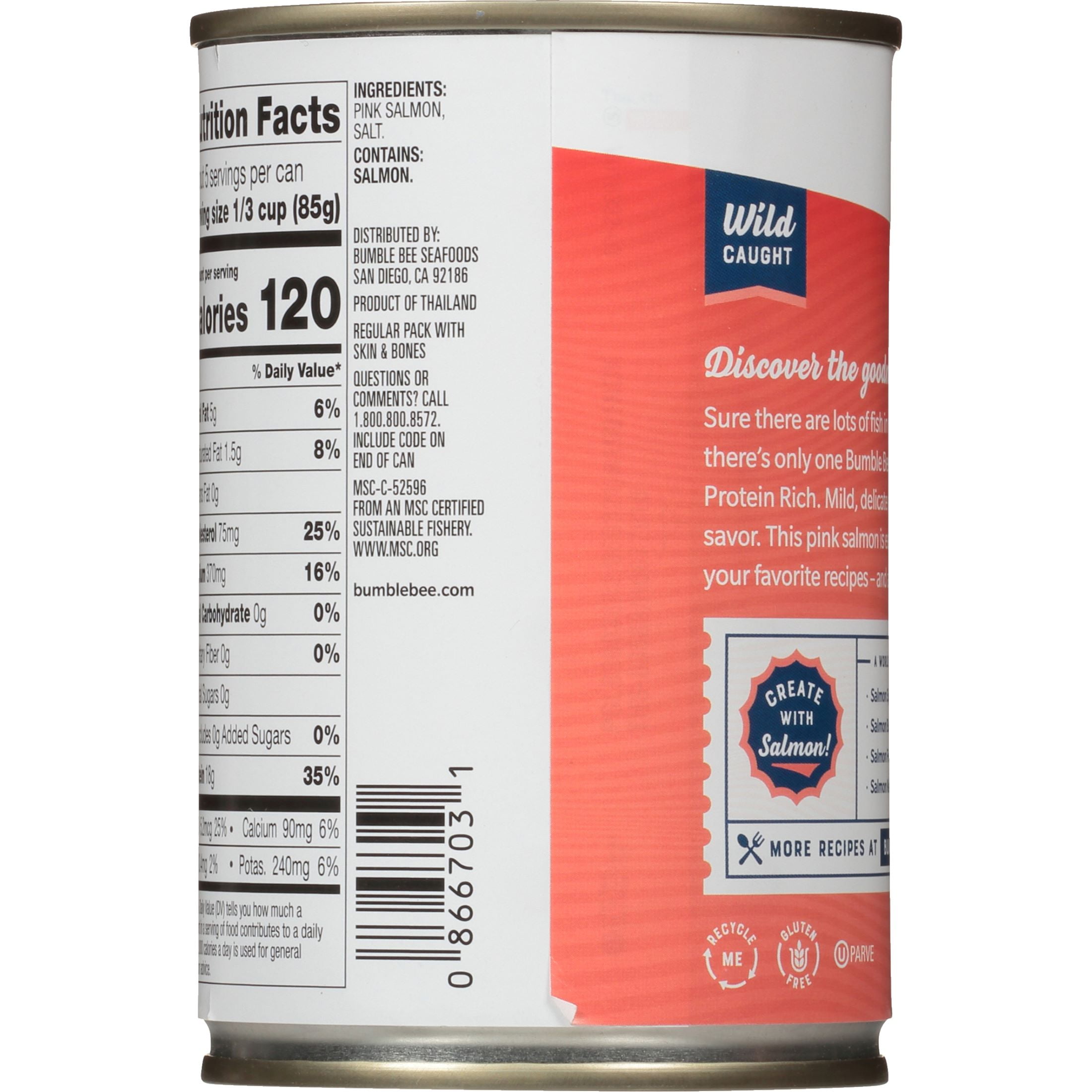 (12 pack) Bumble Bee Pink Salmon, Wild Caught, Gluten Free, 18g Protein per Serving, Ready to Eat, Shelf Stable Can, 14.75oz