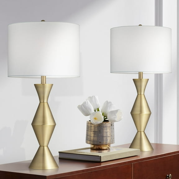 360 Lighting Elka 28" Tall Mid Century Modern Glam Table Lamps Set of 2 Gold Brass Finish Metal Living Room Bedroom White Shade