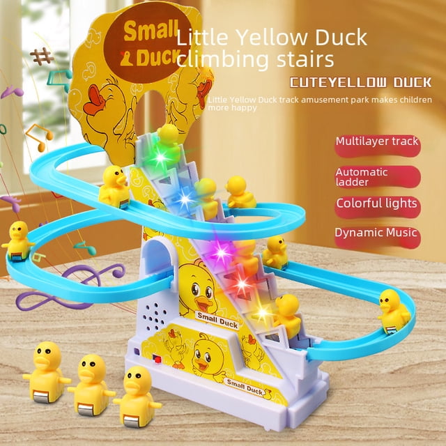 Pato eléctrico para niños que sube escaleras, vagón de ferrocarril, pequeño pato amarillo, tobogán eléctrico, música, iluminación, juguetes educativos