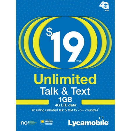 Lycamobile $19 Unlimited 30 Day Plan with International Calling (with 1GB of high speed data, then 2G) (Email