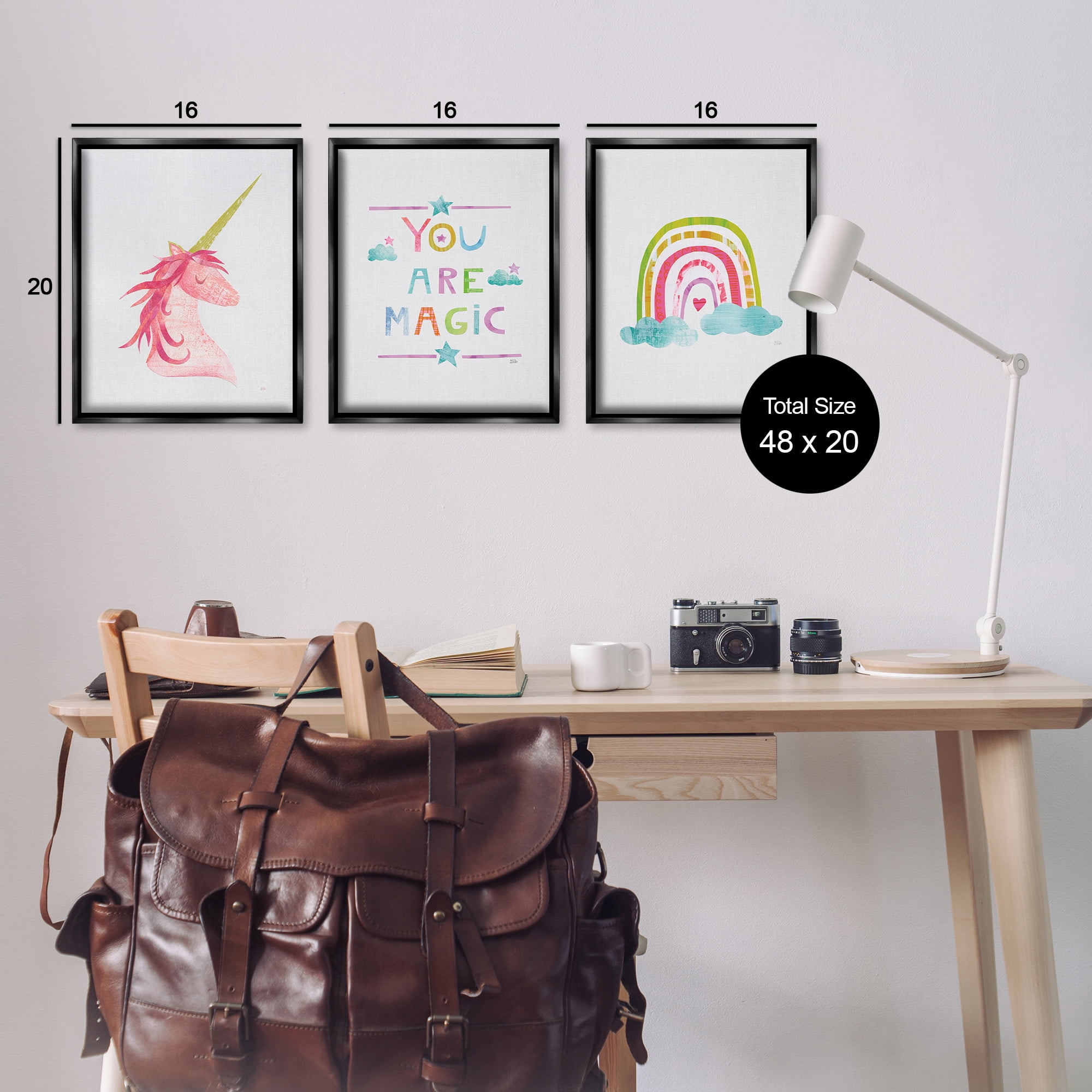Stupell Industries You Are Magic Rainbow & Unicorn Art for Kids Painting Black Floater Framed Canvas Art Print Wall Art, 17 x 21, Set of 3