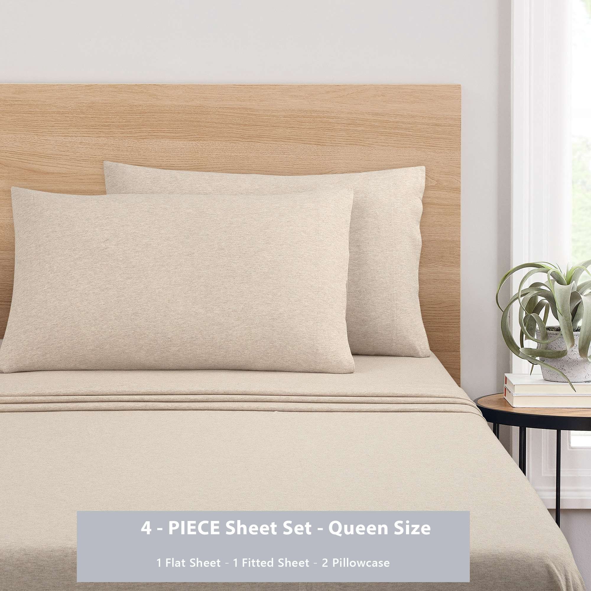 Mainstays Cotton Rich Extra Soft Jersey Bed Sheet Set, Queen, Oatmeal Heather, 4 Pieces