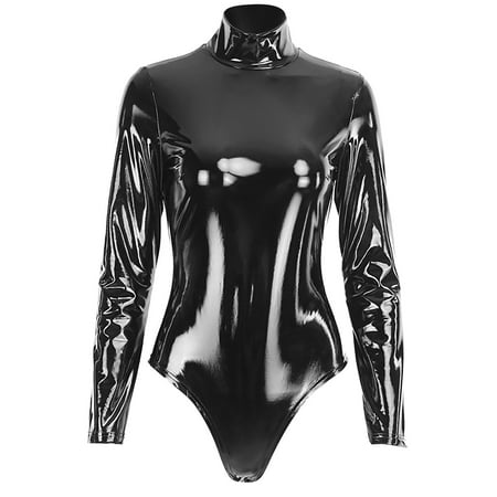 Lingerie For Women Pu Bright Leather Bodysuit Long Sleeve Turtleneck Slim Elastic Bodysuits Rompers Female Zipper Black Bodysuits