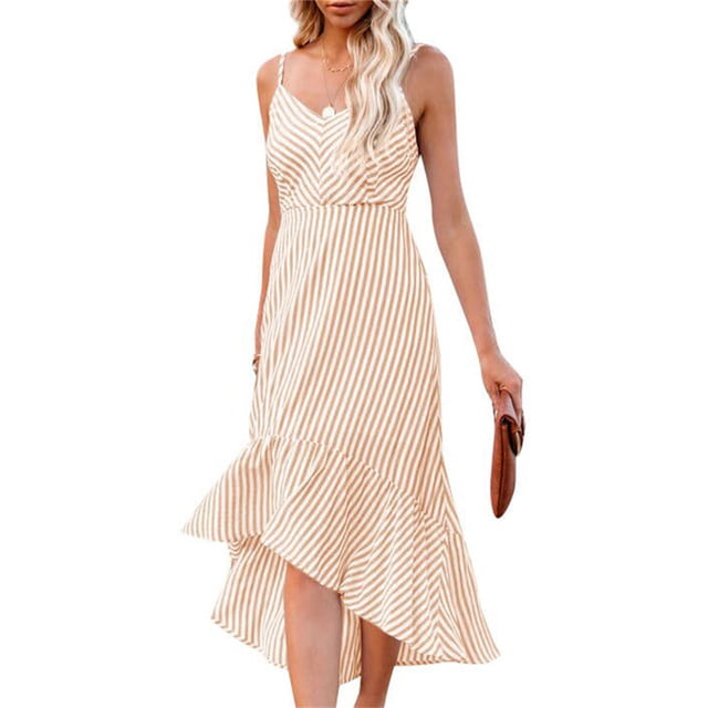 Sonducket Vestido largo de mujer Casual Spaghetti Strap Swing Sundress Club Noche Fecha Playa Vacaciones Cumpleaños Oficina Ropa de verano Vestidos Caqui S Sonducket AP011094-01