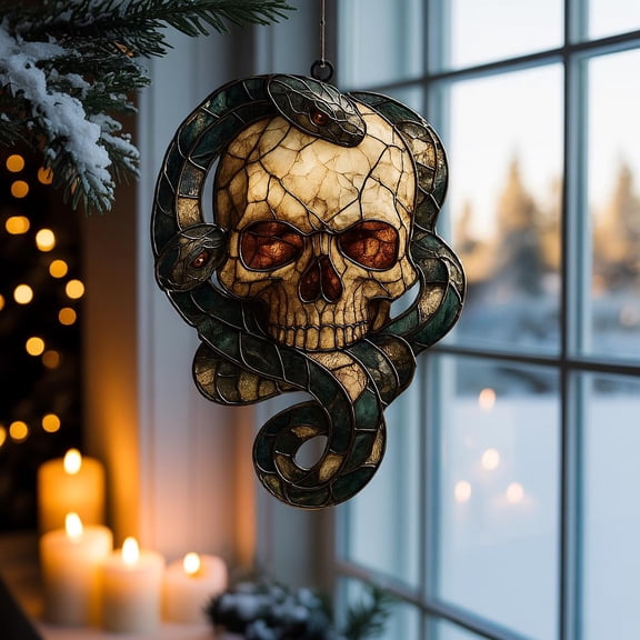 Skull and Snake Acrylic Suncatcher, Gothic Window Hanging Decor, Witchy Sun Catcher Ornament, Dark Fantasy Skull Decor, Halloween Window Art