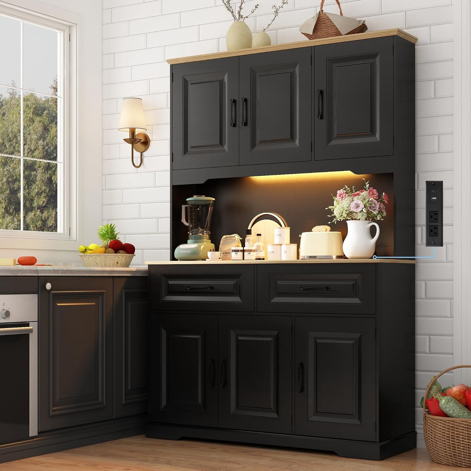 71" Tall Kitchen Pantry Cabinet with 6 Doors Shelves & Led Lights & Charge Station, 47" Wide Freestanding Farmhouse Cupboard with 2 Drawer,6 Doors Storage,Adjustable Shelves,Open Countertop, Black
