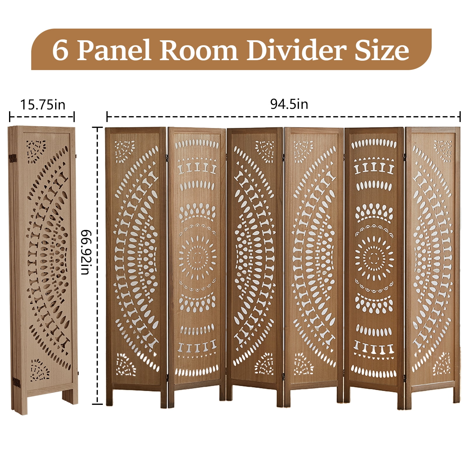 Aletheiawu 6 Panel Wood Carved Room Dividers and Folding Privace Screens, No Installation, Brown