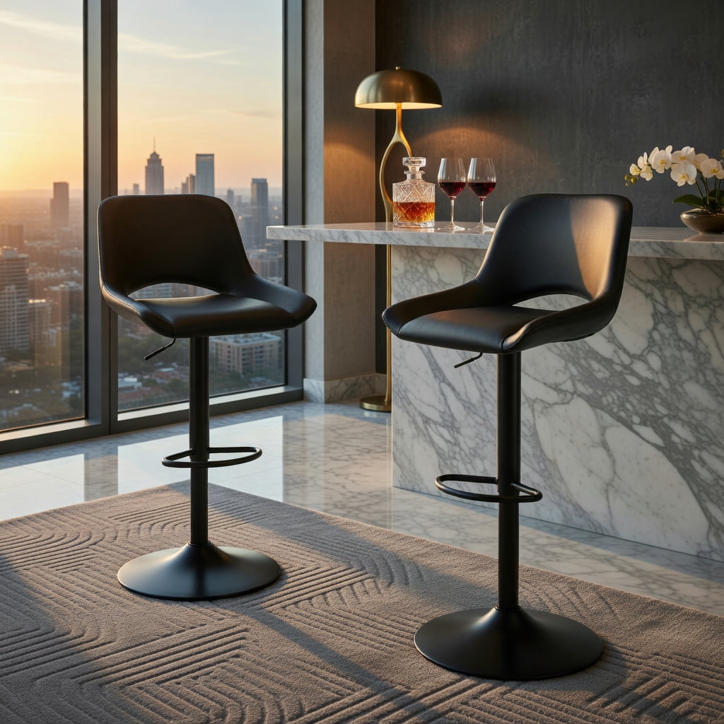 Hommoo 2-Pack Modern Swivel Bar Stools with Adjustable Height & Footrest. PU Leather, Metal Frame, for Kitchen Island, Home Bar, Counter Seating, Black