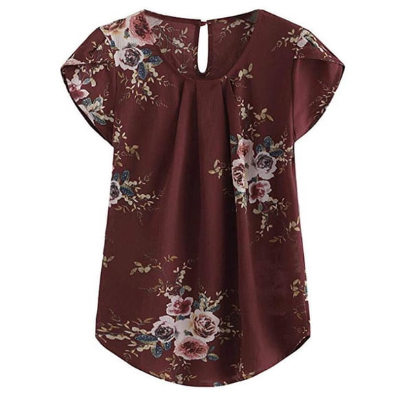 Brilliant Women Tops on Sale under $10 Women's Casual Round Neck Shirt Flower Pleated Slim Print Short Sleeve Top Clearance