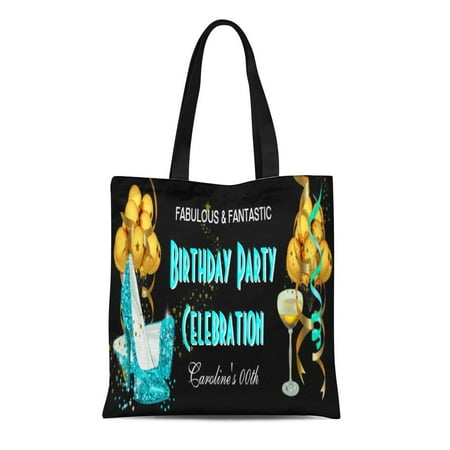 ASHLEIGH Canvas Tote Bag Womans Birthday Party Celebration Teal Blue Gold Balloons Champagne Reusable Handbag Shoulder Grocery Shopping (Best Grocery Store Champagne)