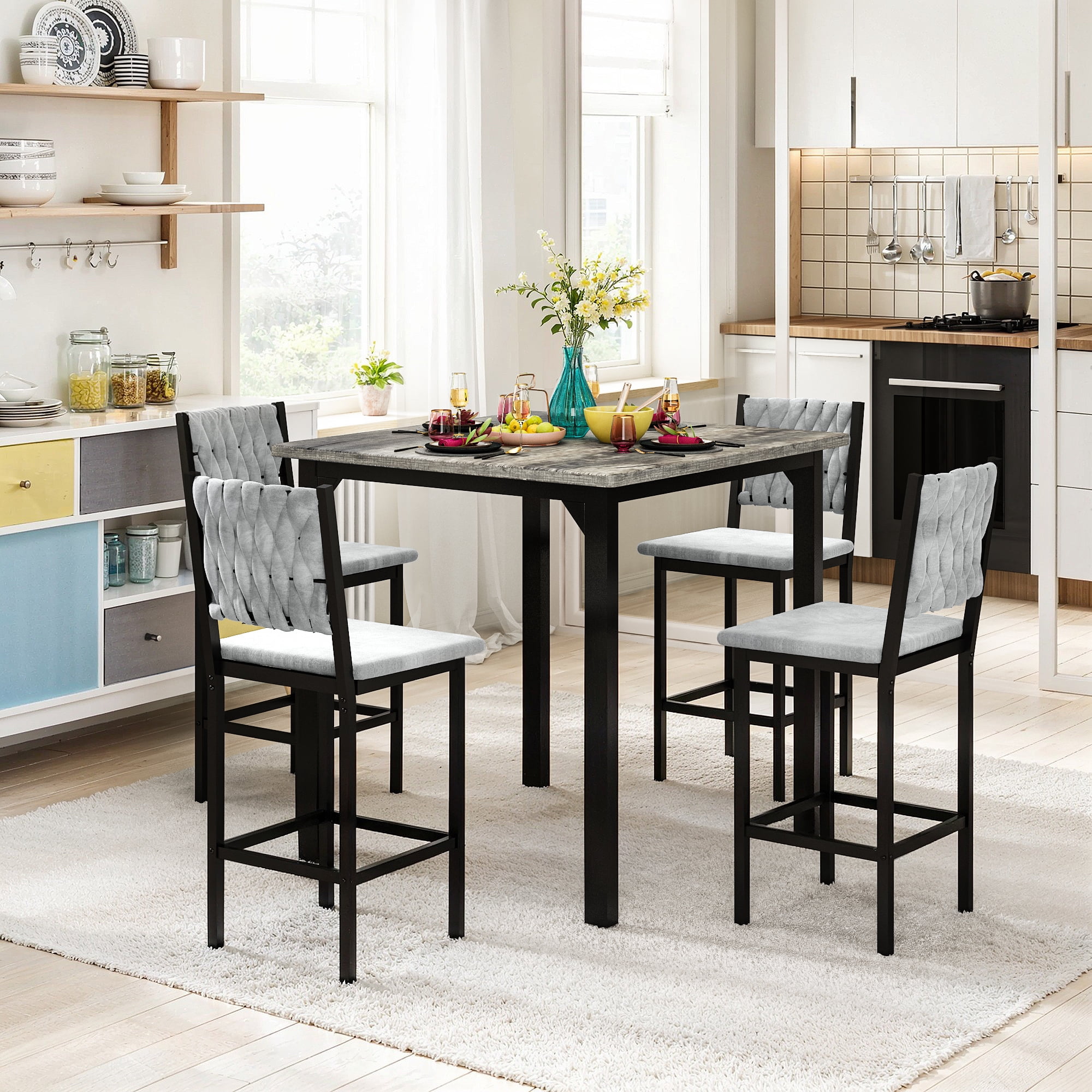 MIERES Wooden Kitchen Table and Chairs Set for 4, 36 Inch Dining Room Set for 4 with 4 Velvet High Back Support Chairs for Small Spaces, Gray