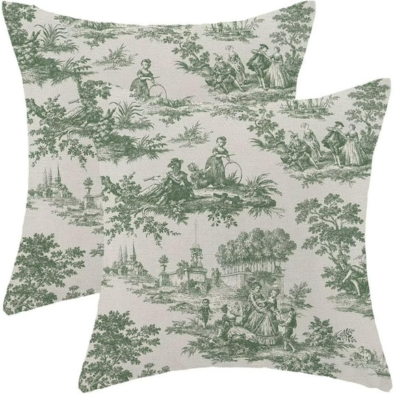 Toile Pillow Covers 20x20 Inch Set of 2, French Style Outdoor Decorative Throw Pillowcase Vintage Green Toile De Jouy Cushion Cover for Sofa Couch Farmhouse Living Room Bed Decor