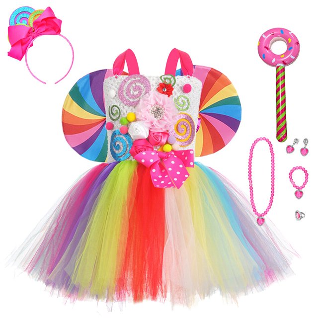 Rainbow Candy Princess Dress Baby Girls Ball Gown Lollipop Disfraz Lollipop Bow Kids Holiday Fiesta de cumpleaños Ropa Trajes 2-129-10Y (XXL) Gao Jinjia LED