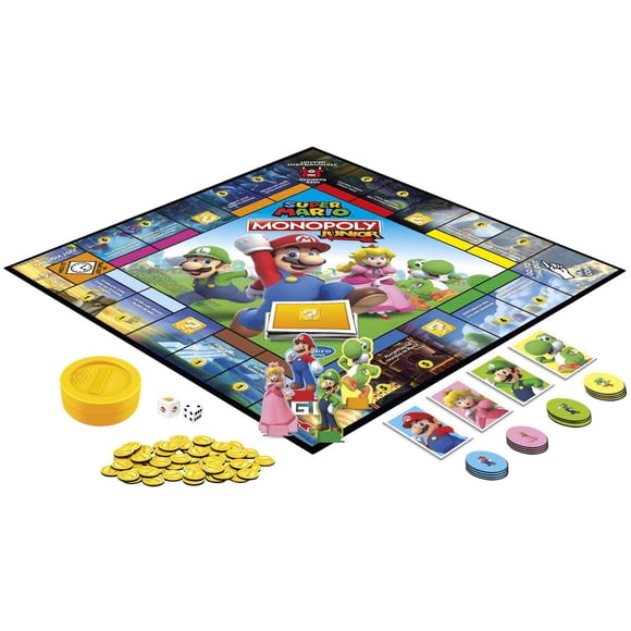 Monopoly Junior Super Mario Edition Board Game, Fun Kids' Game Ages 5 and Up, Explore the Mushroom Kingdom as Mario, Peach, Yoshi, or Luigi