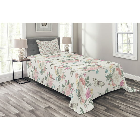 Ambesonne Flowers Quilted Bedspread Set 2 Pcs, Roses Bouquet, Twin Size, Pale Pink Green