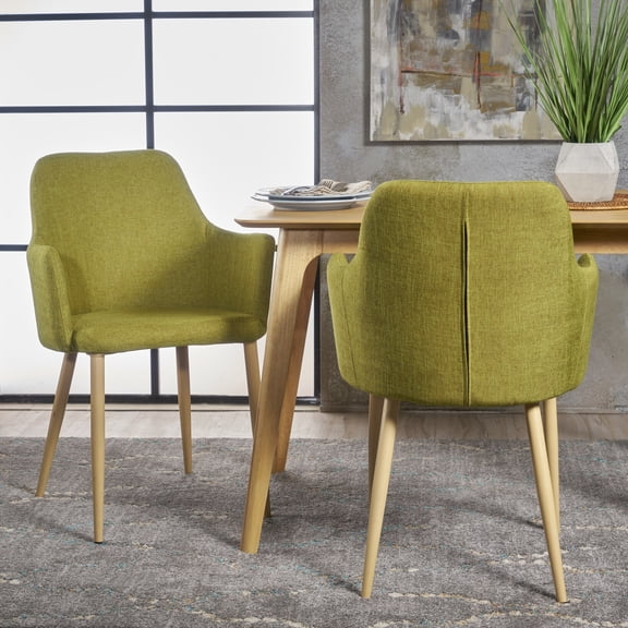 Elegant Green Fabric Dining Chairs with Iron Frame and Wood Finish - Set of 2 for Comfortable and Durable Seating in Dining Room or Kitchen