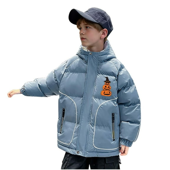 Odeerbi Kids Boys Girls Hooded Puffer Jacket Halloween Pumpkin Winter Coats Thermal Padded Coat Down Jacket Warm Clothes 5-16 Years Kids Long Sleeve Outerwear Heavy Coat Blue